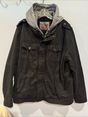 Levi's Men's Washed Cotton Hooded Military Trucker Jacket Black XL EXCELLENT